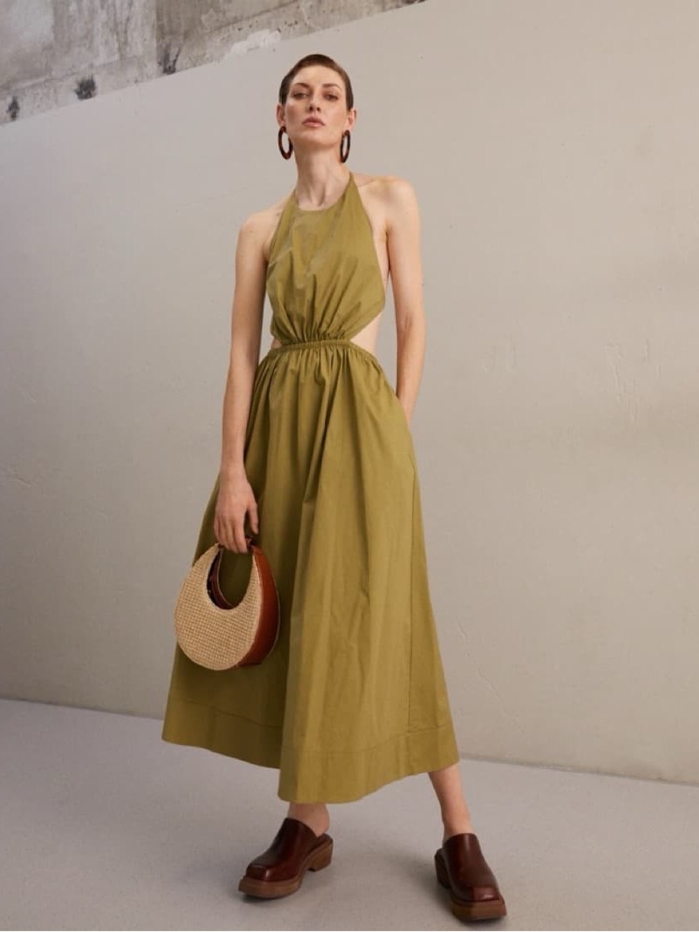 STAUD Khaki Green Halter Midi Dress